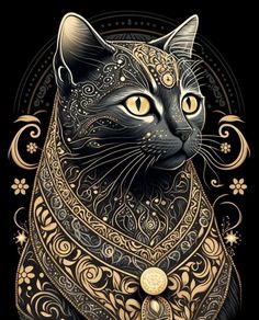 a black and gold cat with ornate designs