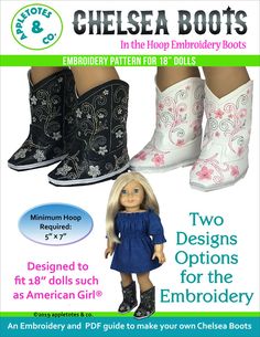 Embroider these adorable cowboy/cowgirl boots for American Girl dolls with minimal sewing and easy construction. These DIY boots will bring out the western in your 18" doll!  #AmericanGirl #Embroidery #DIY Diy Boots, Doll Embroidery, Shoe Patterns, Journey Girl Dolls, Embroidery Boots, Doll Shoe Patterns, Girls Clothes Patterns, Ith Embroidery Designs, American Girl Doll Clothes Patterns