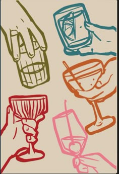 four hand drawn images of wine glasses in different colors and sizes, including one with a skull on it