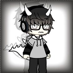 an anime character with headphones on, wearing black and white clothes while standing in front of a gray background