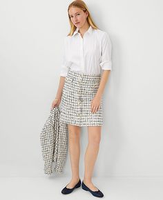 Elevate your wardrobe with the Ann Taylor Tweed Button A-Line Skirt, a piece that combines classic charm with modern sophistication. Perfect for both office and outings, this skirt features a crisp Blue Lake hue that complements any top.

- Size: Regular - 2
- Color: Blue Lake
- Material: Shell - 76% Polyester, 9% Acrylic, 5% Rayon, 2% Wool, 8% Other Fibers; Lining - 100% Polyester
- Gender: Female
- Length: 19 inches long
- Design: Button front placket, front flap button-through pockets, hidden Tweed Skirt Suit, Modern Skirt, Getaway Dress, Work Sweaters, Ann Taylor Petite, Knitted Suit, Chic Skirts, Petite Skirt, Tweed Skirt