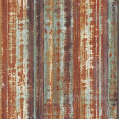 an old rusted metal surface with horizontal stripes and vertical lines in brown, blue, orange and green colors