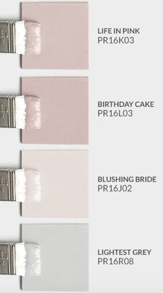 three different shades of pink and white paint with the words, birthday cake pri1603