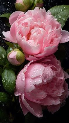 two pink flowers with water droplets on them