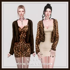 two women dressed in animal print clothing and one is wearing fishnet stockings, the other has