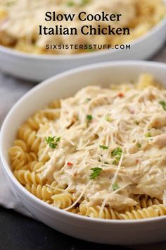 slow cooker italian chicken pasta in a white bowl