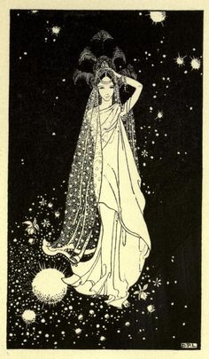 a drawing of a woman standing in the stars with her arms behind her head, wearing a veil