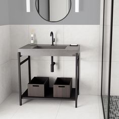 a bathroom with a sink, mirror and towel rack in the middle of the room