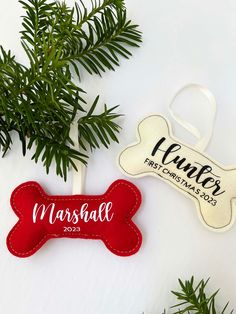 a personalized dog bone ornament next to a christmas tree branch with a name tag