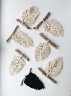 several white and black feathers are arranged in a circle on a white surface with sticks