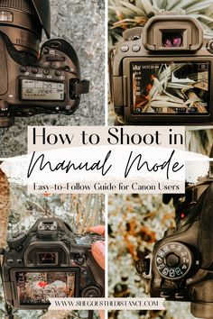 a camera with the words how to shoot in manual mode on top and below it