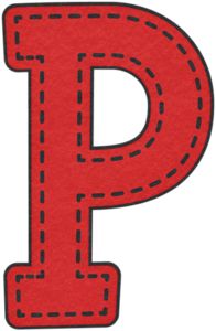 the letter p is made up of stitching lines and has a red background with black dots