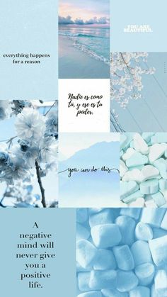 blue and white collage with some words on it