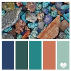 the color palette is blue, green, and brown with some rocks on top of it