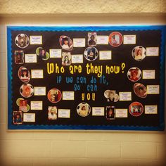 a bulletin board with pictures and words on it