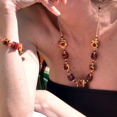 Handmade necklace with red and gold Murano glass beads, adjustable closure, Made in Italy jewel. Size of the necklace: 60cm Check out the matching bracelet: https://www.etsy.com/it/listing/1497713466/bracciale-fatto-a-mano-con-perle-in?ref=listings_manager_grid They were three seventeenth-century Flemish tapestries with scenes from the story of Solomon. Observing them I felt    that sublime malaise of the traveler in the face of the greatness of art. Formal richness and craftsmanship play in uni Melting Glass, Art Of Glass, Murano Glass Beads, Matching Bracelet, Matching Bracelets, Handmade Necklace, Red And Gold, Fabric Collection, Murano Glass