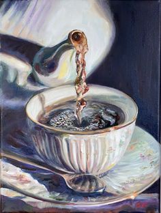 an oil painting of a cup of tea being poured into it with a saucer