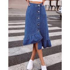 F00151446-104 Chic Office Outfit, Denim Skirt Fashion, Bright Color Dresses, High Waisted Denim Skirt, Casual Trends, White Boho Dress, Denim Skirt Women, Chic Blouses, Jeans Rock