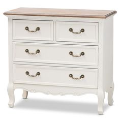 a white chest of drawers with wooden top and drawer pulls on the bottom, in front of a white background