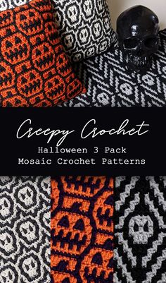 halloween crochet patterns with text overlay that reads, creepy crochet halloween 3 pack mosaic crochet patterns