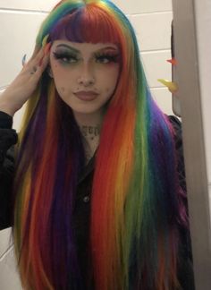 Rainbow Hair With Bangs, Purple And Rainbow Hair, Long Rainbow Hair, Black And Rainbow Hair, Rainbow Hair Aesthetic, Creative Hair Dye, Cool Hair Colours, Rainbow Hair Dye, Dye Inspiration