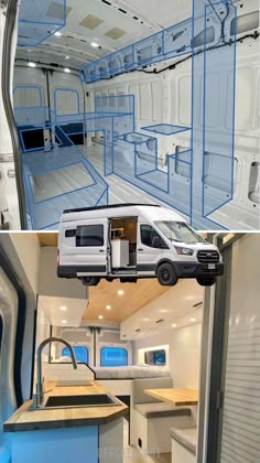 the inside and outside of a van with blue lines on it's sides, in different