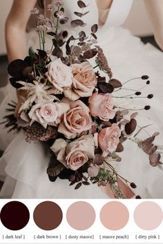 a bride holding a bouquet of flowers and greenery in her hands with the color palette swatches