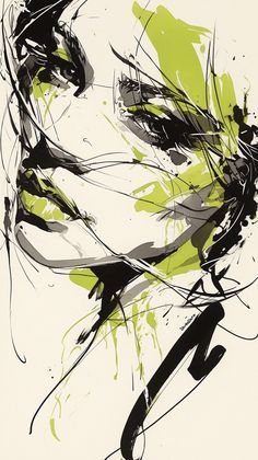 an abstract painting of a woman's face with green and black paint splatters