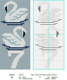 a cross stitch pattern with two swans on the water and one is blue, while the other