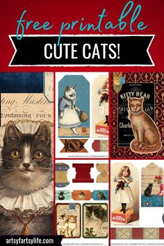 a collage of vintage cat images with the words free printable cute cats on them