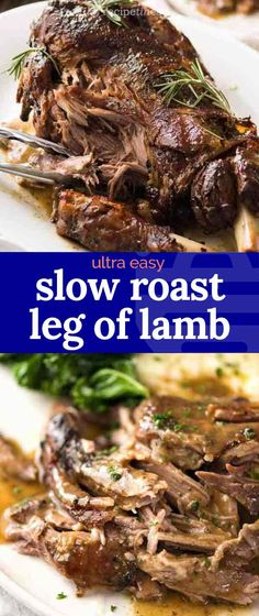 slow roast leg of lamb on a white plate