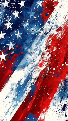 an american flag painted in red, white and blue with paint splatters on it