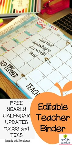 a teacher binder with an apple next to it and the text free printable calendar