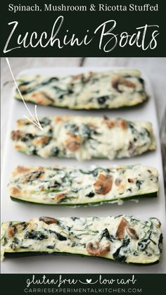 spinach and ricotta stuffed zucchini boats with text overlay