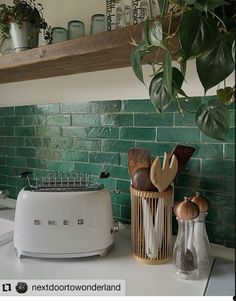 a toaster sitting on top of a kitchen counter next to a potted plant