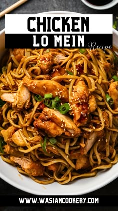 chicken lo mein in a white bowl with sesame seeds on top and chopsticks next to it