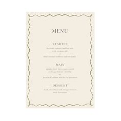 a menu card with an ornate frame on the front and bottom, in white paper