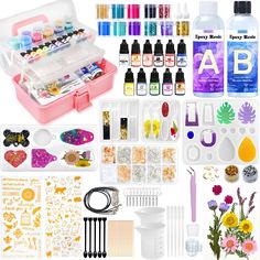 an assortment of arts and crafts supplies displayed