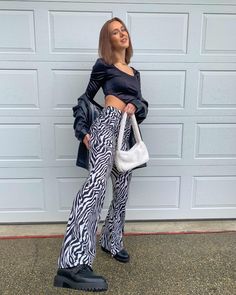 Zebra Trousers Outfit, Zebra Print Pants Outfit, Bell Bottom Jeans Outfit, Casual Attire For Women