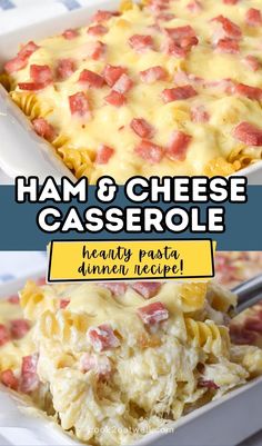 ham and cheese casserole in a white dish