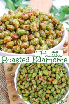 two bowls filled with roasted edamame next to each other