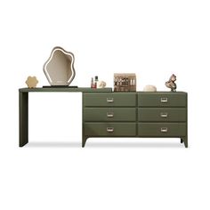 a green dresser with drawers and a mirror on it's top shelf next to a white vase