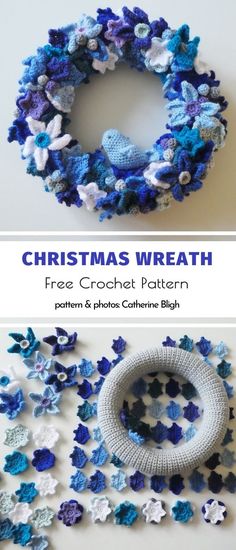 the christmas wreath is made with crochet stars and has blue and white colors