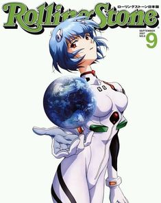 an anime character with blue hair is holding a planet in her hands and looking at the camera