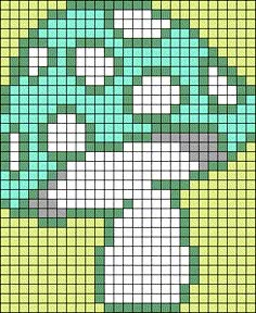 a cross stitch pattern with a green and white mushroom on the front, in shades of blue