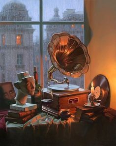 a painting of an old phonom in front of a window with books and other items