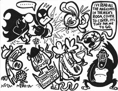 an ink drawing of some cartoon characters in black and white