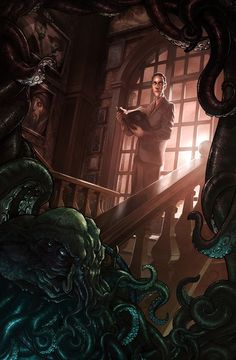 a man standing on top of a stair case next to an octopus in front of him