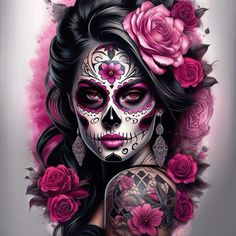 a woman with pink roses in her hair and face painted to look like a sugar skull