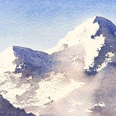 an abstract watercolor painting of a snow covered mountain peak in blue and white colors